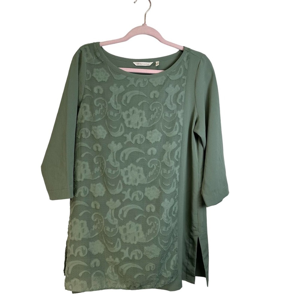 Soft Surroundings Round Neck,‎ 3/4 Sleeve Sage Green Tunic Blouse, size SMALL